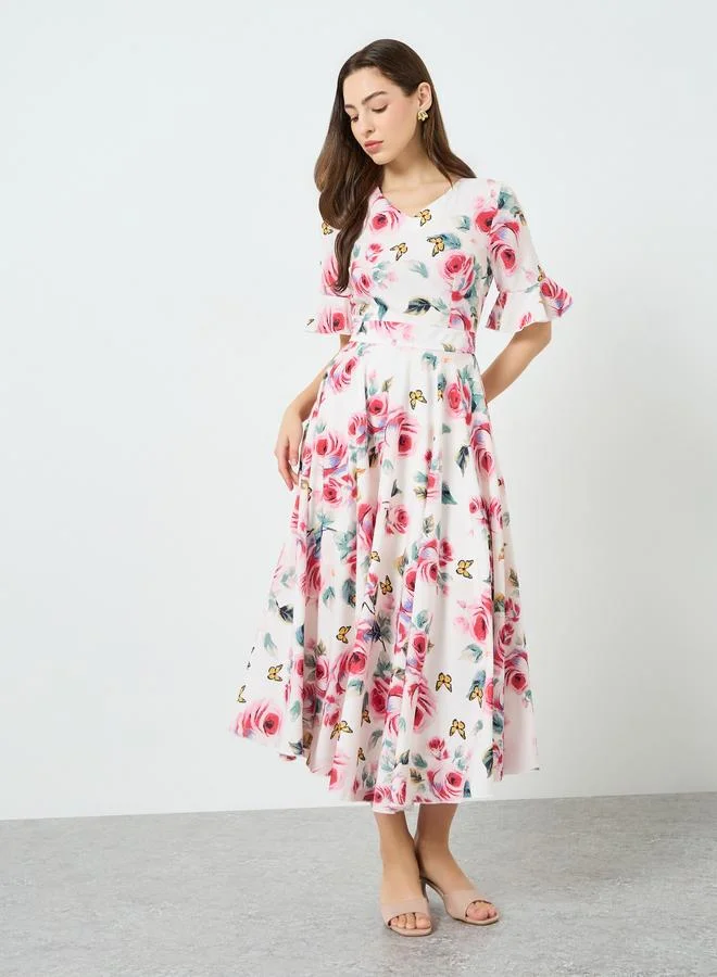 تايك تو فستان ميدي بياقة بفتحة رقبة ونقشة زهور للنساء